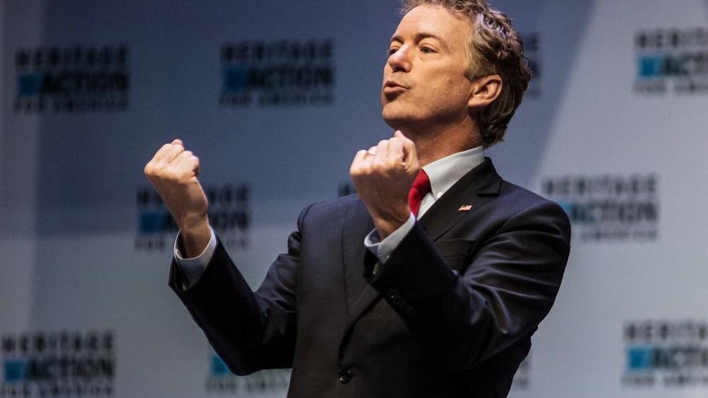 U.S. Sen. Rand Paul (R-KY) gestures as he speaks to voters at the Heritage Action Presidential Candidate Forum Sept. 18, 2015 in Greenville, S.C. (Photo by Sean Rayford/Getty)