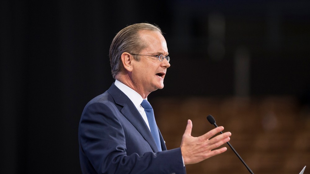 Democratic presidential candidate Lawrence Lessig speaks on stage at the New Hampshire Democratic Party State Convention on Sept. 19, 2015 in Manchester, N.H. (Photo by Scott Eisen/Getty)