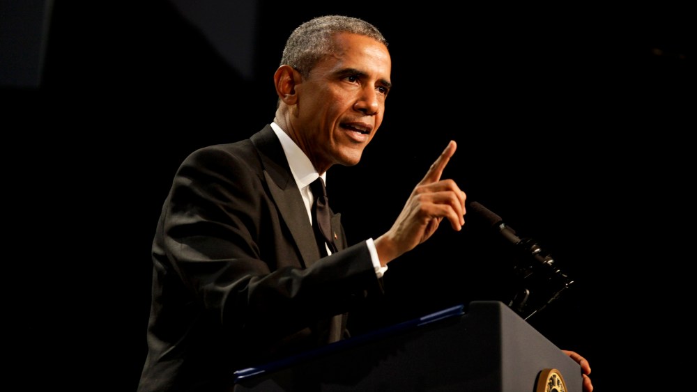 U.S. President Barack Obama delivers remarks at the Congressional Black Caucus Foundation's 45th Annual Legislative Conference Phoenix Awards Dinner, Sept. 19, 2015 in Washington, DC. (Photo by Aude Guerrucci/Getty)