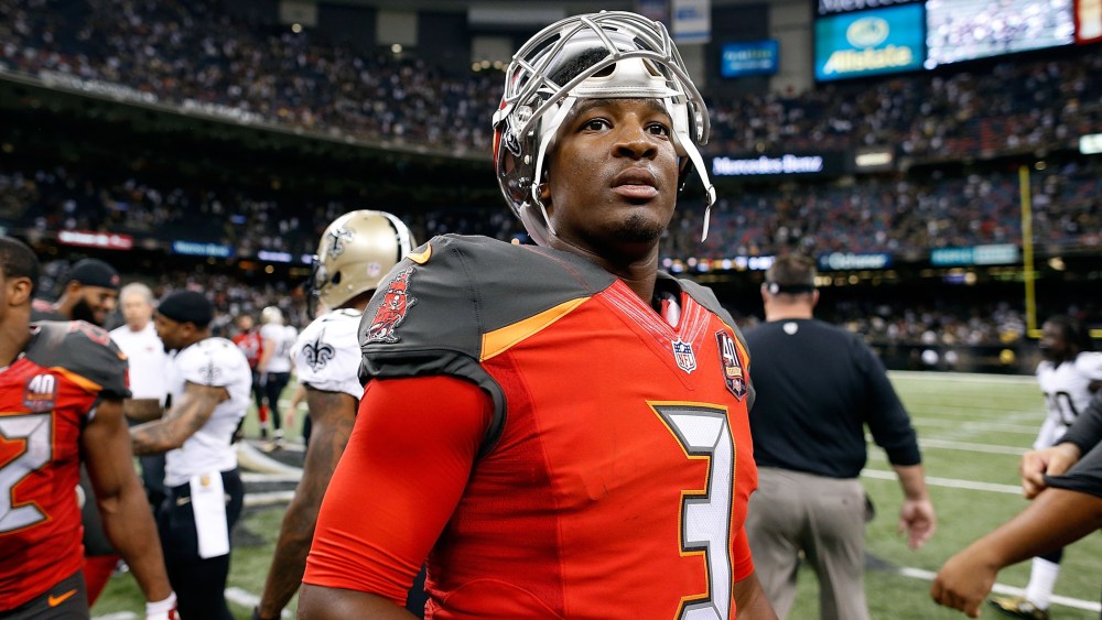 Jameis Winston #3 of the Tampa Bay Buccaneers leaves the field following a victory over the New Orleans Saints on Sept. 20, 2015 in New Orleans, La. (Photo by Wesley Hitt/Getty)