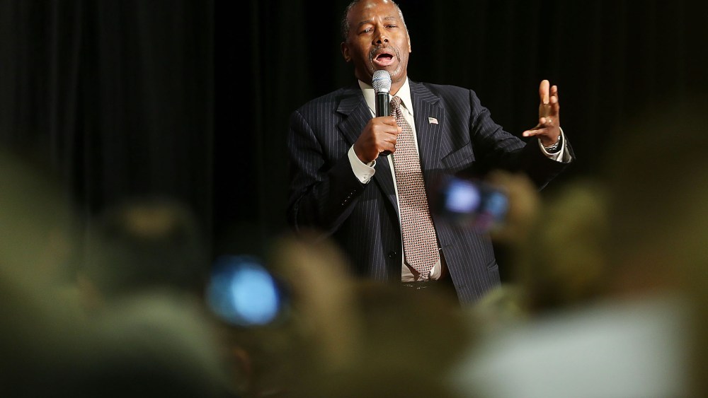 Republican presidential candidate Dr. Ben Carson speaks at a campaign rally on Sept. 22, 2015 in Sharonville, Ohio. (Photo by Mark Lyons/Getty)