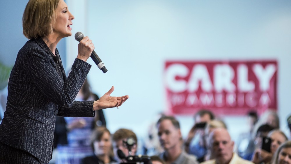 Republican presidential candidate Carly Fiorina speaks during a national security forum at The Citadel Sept. 22, 2015 in Charleston, S.C. (Photo by Sean Rayford/Getty)