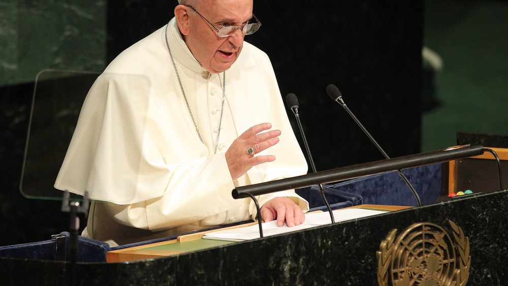 Pope Francis addresses the United Nations General Assembly on Sept. 25, 2015 in New York City. (Photo by Jemal Countess/FilmMagic/Getty)