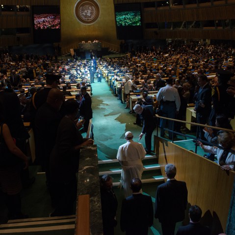 Pope Francis enters the General Assembly of the United Nations on Sept. 25, 2015 in New York City. (Photo by Bryan Thomas/Getty)