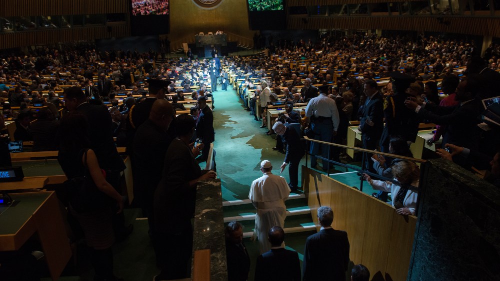 Pope Francis enters the General Assembly of the United Nations on Sept. 25, 2015 in New York City. (Photo by Bryan Thomas/Getty)