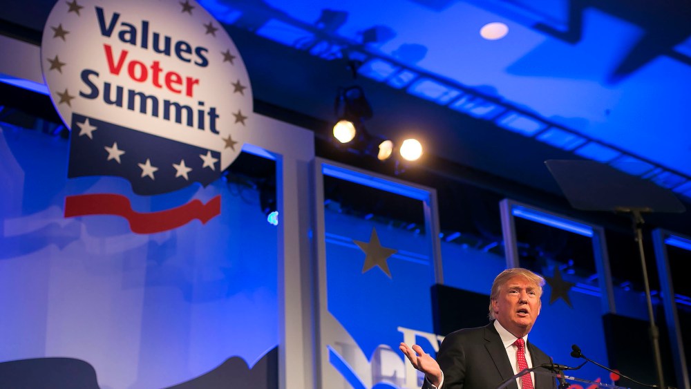 Republican presidential candidate Donald Trump speaks at the Values Voters Summit at the Omni Shoreham hotel in Washington D.C., Sept. 25, 2015. (Photo By Al Drago/CQ Roll Call/Getty)