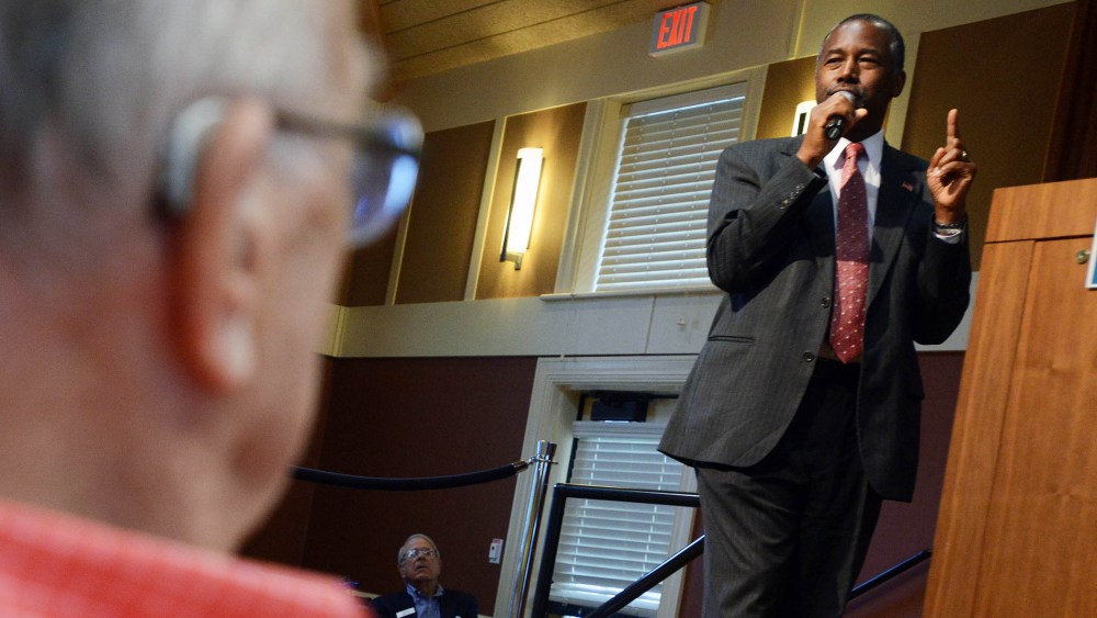 Republican presidential candidate Ben Carson speaks during a town hall event at River Woods Sept. 30, 2015 in Exeter, NH. (Photo by Darren McCollester/Getty)