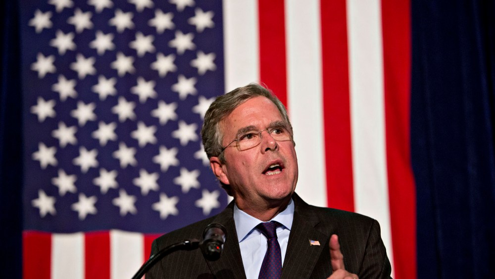 Jeb Bush, former Governor of Florida and 2016 Republican presidential candidate, speaks during the Scott County Republican party Ronald Reagan Dinner in Davenport, Ia., Oct. 6, 2015. (Photo by Daniel Acker/Bloomberg/Getty)