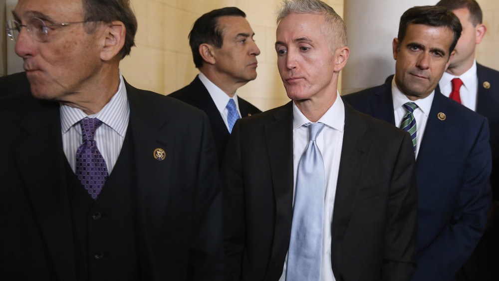 Republican members of the House and House Select Committee on Benghazi Chairman Trey Gowdy react after the election for the Speaker of the House was thrown into chaos on Capitol Hill, Oct. 8, 2015. (Photo by Chip Somodevilla/Getty)