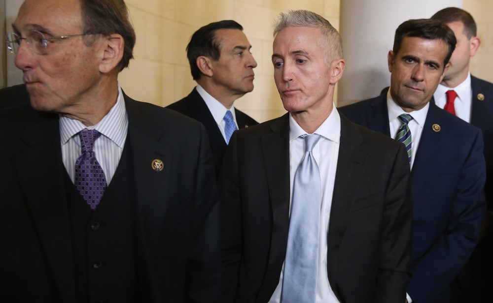 Republican members of the House and House Select Committee on Benghazi Chairman Trey Gowdy react after the election for the Speaker of the House was thrown into chaos on Capitol Hill, Oct. 8, 2015. (Photo by Chip Somodevilla/Getty)