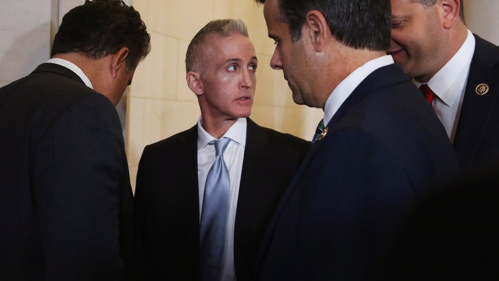 Republican members of the House react after the election for the Speaker of the House was thrown into chaos in the Longworth House Office Building on Capitol Hill Oct. 8, 2015 in Washington, DC. (Photo by Chip Somodevilla/Getty)