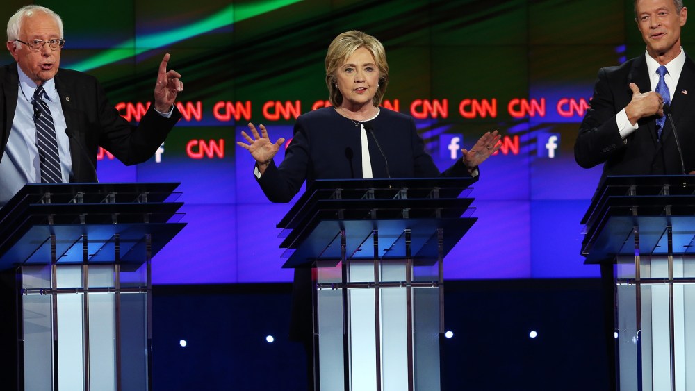 Democratic presidential candidates Sen. Bernie Sanders, Hillary Clinton and Martin O'Malley debate at Wynn Las Vegas on Oct. 13, 2015 in Las Vegas, Nev. (Photo by Joe Raedle/Getty)