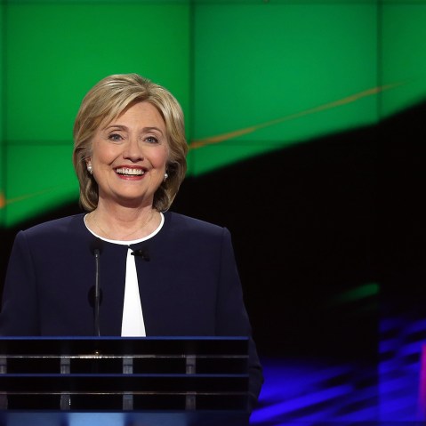 Democratic presidential candidate Hillary Clinton takes part in a presidential debate sponsored by CNN and Facebook at Wynn Las Vegas on Oct. 13, 2015 in Las Vegas, Nev. (Photo by Joe Raedle/Getty)
