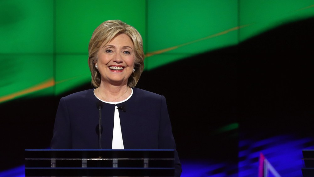 Democratic presidential candidate Hillary Clinton takes part in a presidential debate sponsored by CNN and Facebook at Wynn Las Vegas on Oct. 13, 2015 in Las Vegas, Nev. (Photo by Joe Raedle/Getty)