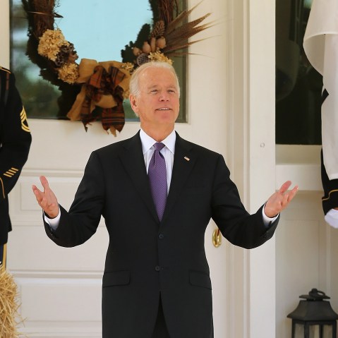 Vice President Joe Biden reacts to reporters' questions about him running for president while he waits for the arrival of President Park Geun-hye of South Korea at the Naval Observatory, Oct. 15, 2015 in Washington, DC. (Photo by Chip Somodevilla/Getty)