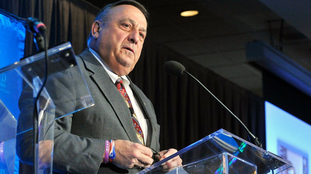 Maine Governor Paul LaPage as guest speaker at the Portland Community Chamber of Commerce's regular Eggs & Issues discussion at the Holiday Inn by the Bay, May 8, 2013. (Photo by John Ewing/Portland Press Herald/Getty)