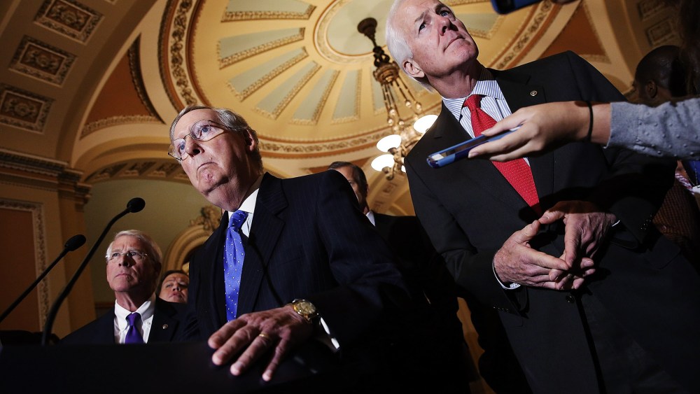 Senate Majority Leader Mitch McConnell (R-KY) arrives to answer questions after a weekly policy meeting at the U.S. Capitol on Oct. 20, 2015 in Washington, DC. (Photo by Win McNamee/Getty)