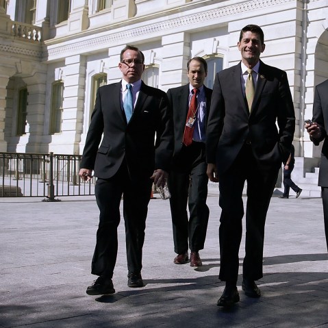 U.S. Rep. Paul Ryan (R-WI) is followed by members of the media as he leaves after a meeting with Republican Study Committee, Oct. 20, 2015 at the Capitol in Washington, DC. (Photo by Alex Wong/Getty)