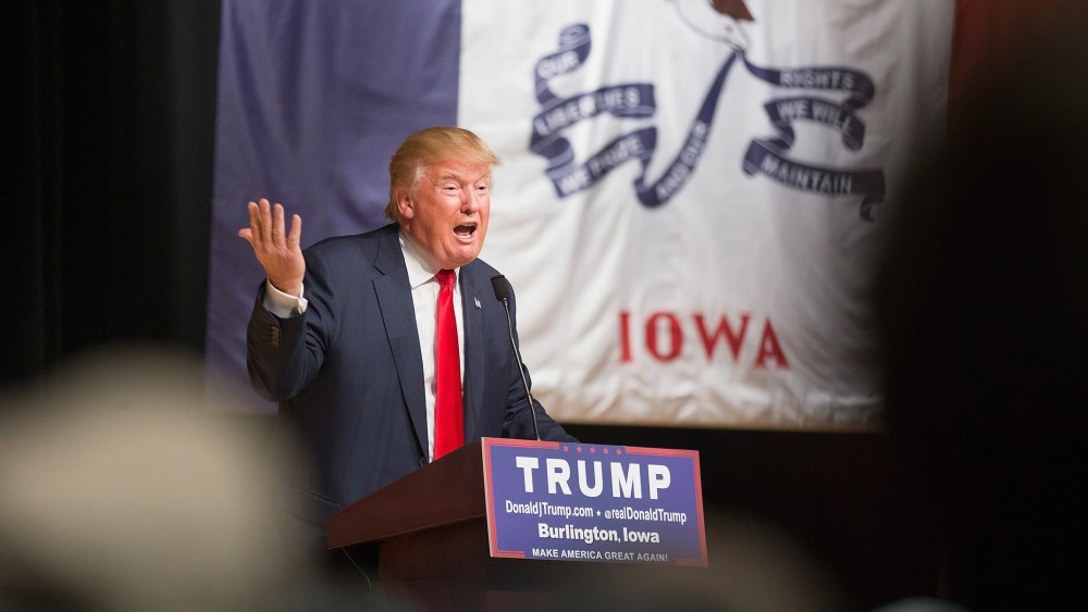 Republican presidential candidate Donald Trump speaks to guests at a campaign rally at Burlington Memorial Auditorium on Oct. 21, 2015 in Burlington, Ia. (Photo by Scott Olson/Getty)