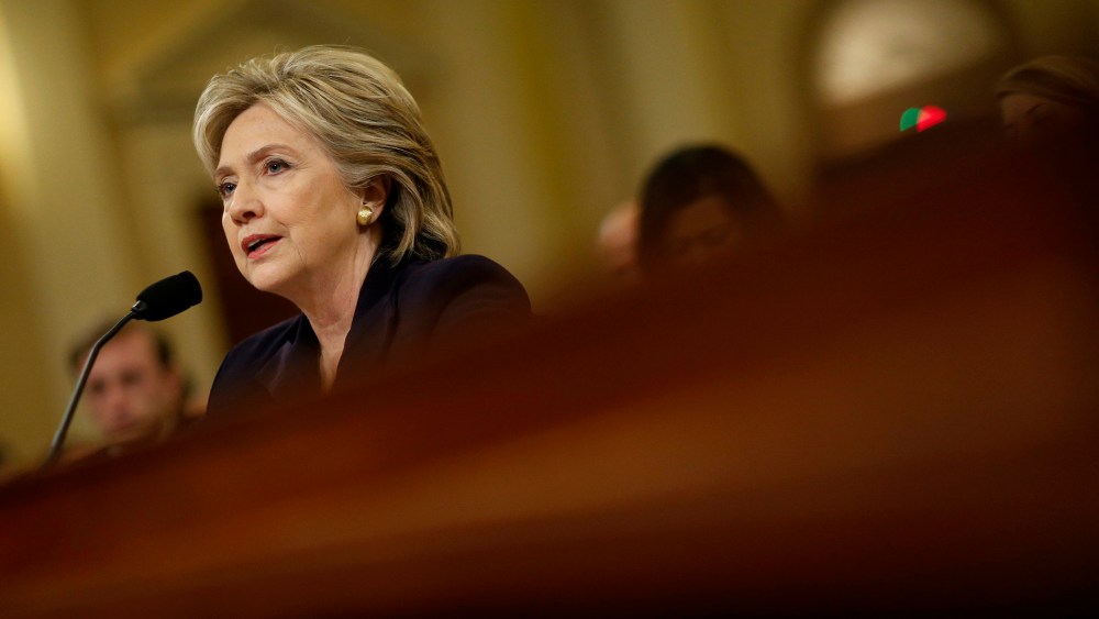 Democratic presidential candidate and former Secretary of State Hillary Clinton testifies during a House Select Committee on Benghazi hearing in Washington, D.C., on Oct. 22, 2015. (Photo by Andrew Harrer/Bloomberg/Getty)