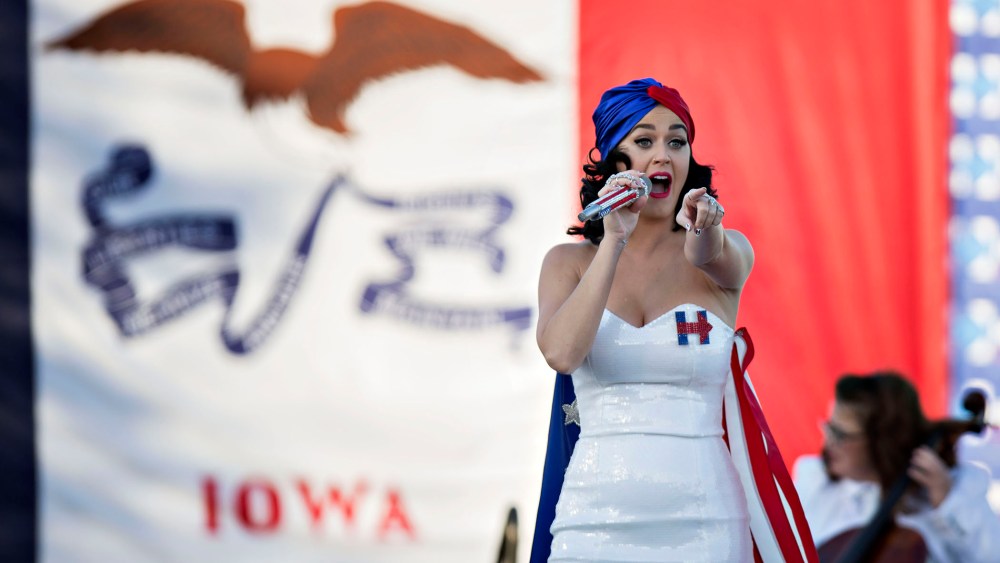 Singer Katy Perry performs during a rally for Hillary Clinton ahead of the Jefferson-Jackson Dinner in Des Moines, Ia., Oct. 24, 2015. (Photo by Daniel Acker/Bloomberg/Getty)
