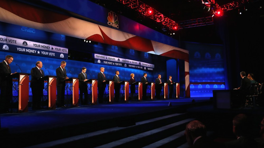Presidential candidates take the stage at the CNBC Republican Presidential Debate at University of Colorado's Coors Events Center Oct. 28, 2015 in Boulder, Colo. (Photo by Justin Sullivan/Getty)