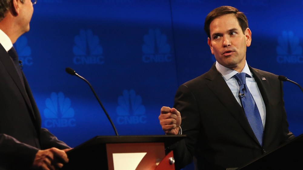 Presidential candidates Sen. Marco Rubio (R-FL) speaks directly to Jeb Bush during the CNBC Republican Presidential Debate at University of Colorado's Coors Events Center Oct. 28, 2015 in Boulder, Colo. (Photo by Justin Sullivan/Getty)