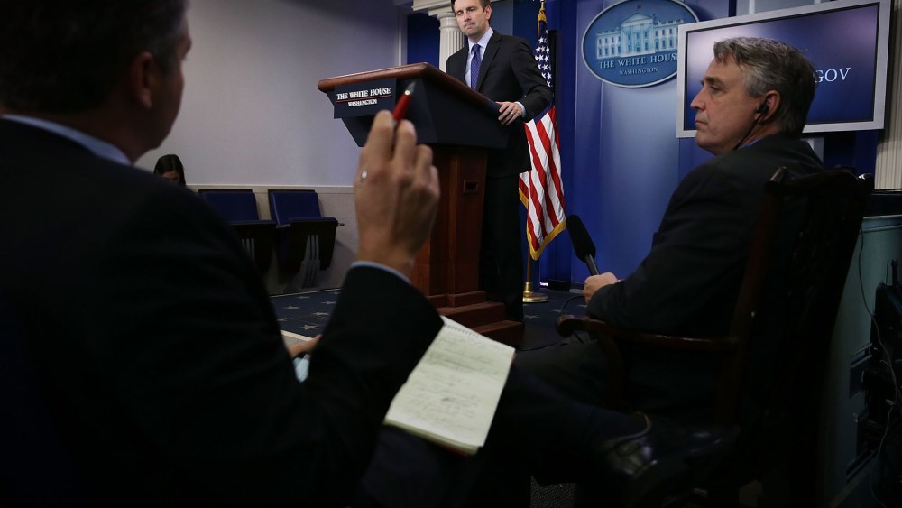 White House Press Secretary Josh Earnest conducts the daily press briefing at James Brady Press Briefing Room of the White House, Oct. 30, 2015 in Washington, DC. (Photo by Alex Wong/Getty)