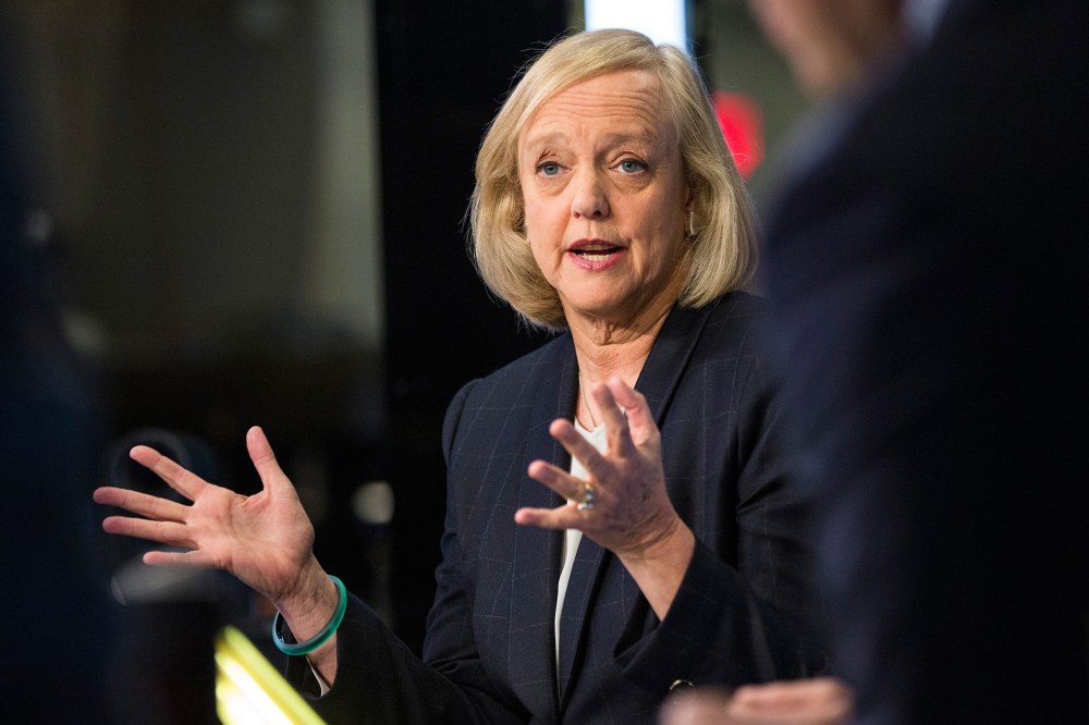 Meg Whitman, CEO of Hewlett Packard, gives a television interview on the floor of the New York Stock Exchange after ringing the opening bell on Nov. 2, 2015 in New York, N.Y. (Photo by Andrew Burton/Getty)