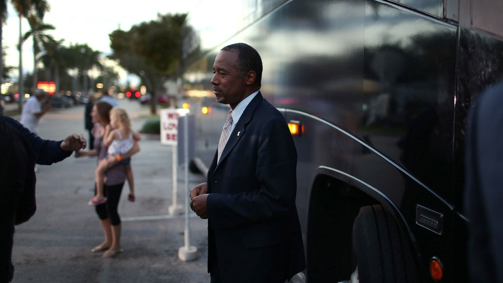 Republican presidential candidate Ben Carson prepares to board his bus after a stop to sign his book at a Barnes and Noble store on Nov. 5, 2015 in Fort Lauderdale, Fl. (Photo by Joe Raedle/Getty)