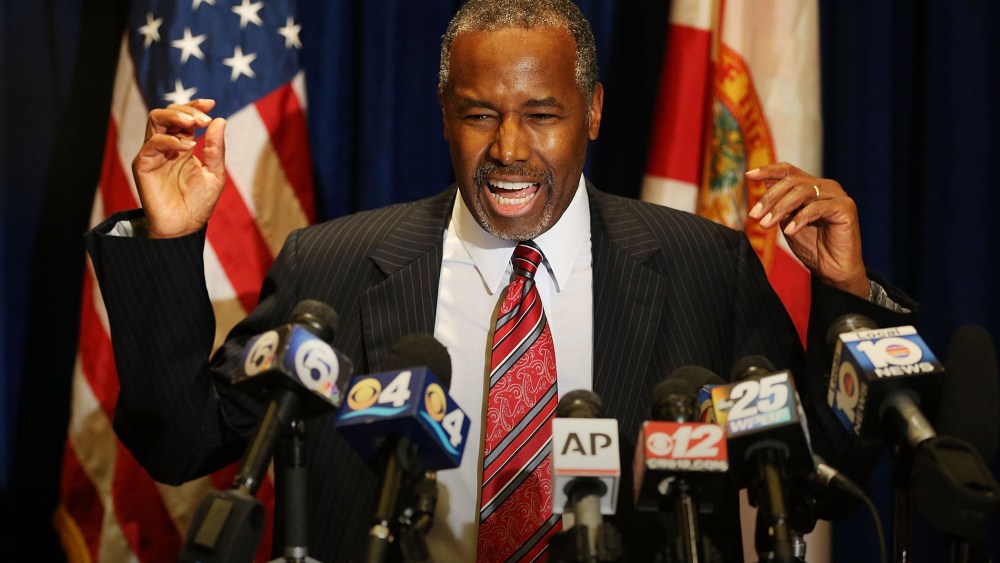 Republican presidential candidate Ben Carson speaks to the media at the PGA National Resort on Nov. 6, 2015 in Palm Beach, Fla. (Photo by Joe Raedle/Getty)