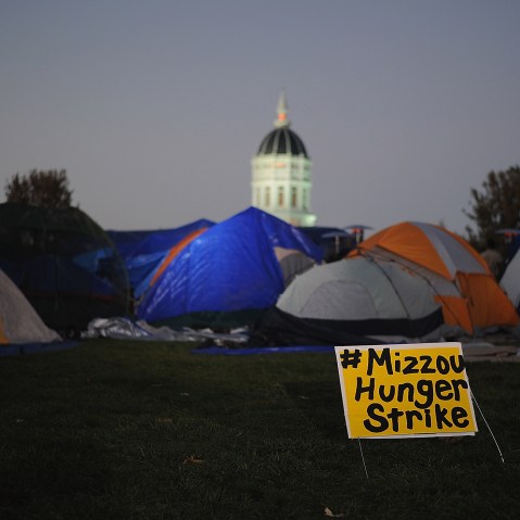 Tents remain on the Mel Carnahan quad on the campus of University of Missouri on Nov. 9, 2015 in Columbia, Mo. (Photo by Michael B. Thomas/Getty)