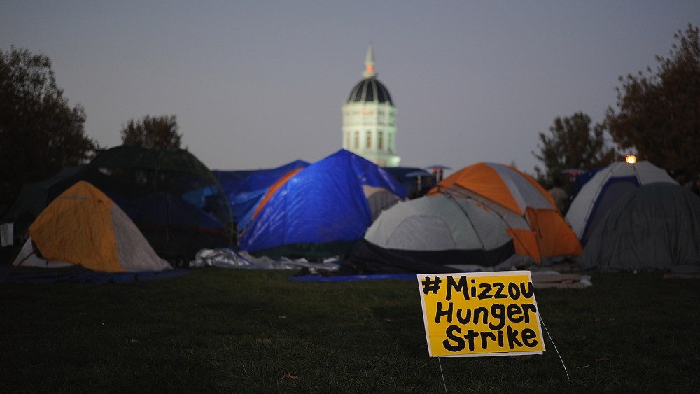 Tents remain on the Mel Carnahan quad on the campus of University of Missouri on Nov. 9, 2015 in Columbia, Mo. (Photo by Michael B. Thomas/Getty)