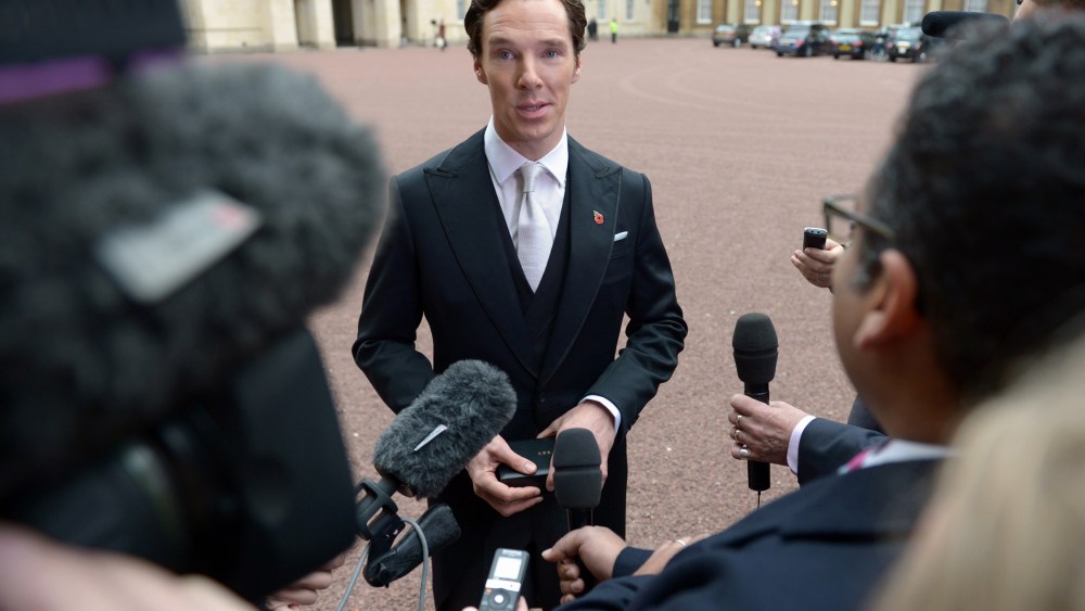 Actor Benedict Cumberbatch speaks to the media on Nov. 10, 2015 in London, England. (Photo by Anthony Devlin /WPA Pool/Getty)