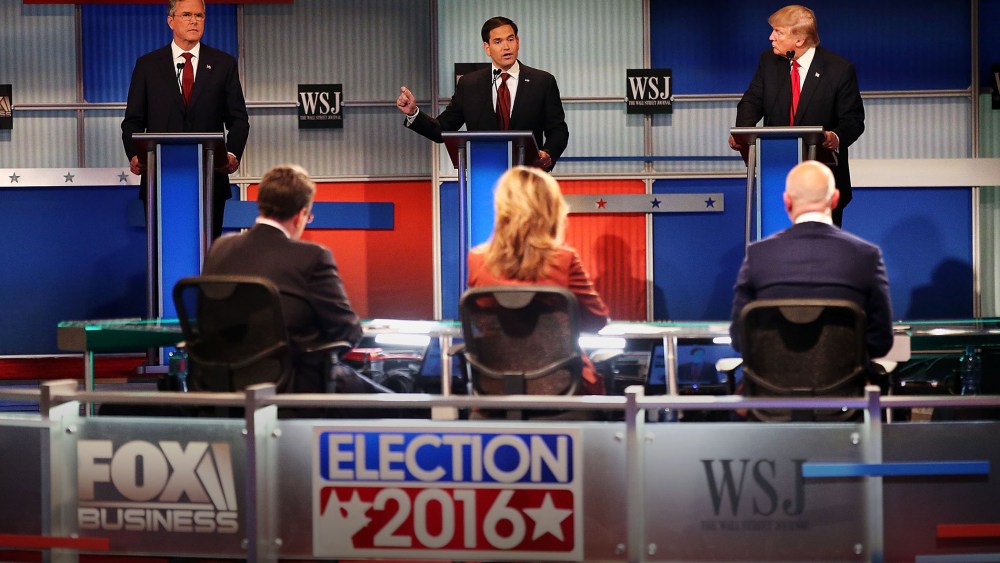 Republican presidential candidates speak during the Republican Presidential Debate sponsored by Fox Business and the Wall Street Journal at the Milwaukee Theatre on Nov. 10, 2015 in Milwaukee, Wis. (Photo by Scott Olson/Getty)