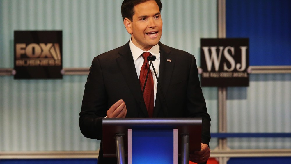 Presidential candidate Republican Sen. Marco Rubio (R-FL) speaks during the Republican Presidential Debate sponsored by Fox Business and the Wall Street Journal at the Milwaukee Theatre Nov. 10, 2015 in Milwaukee, Wis. (Photo by Scott Olson/Getty)