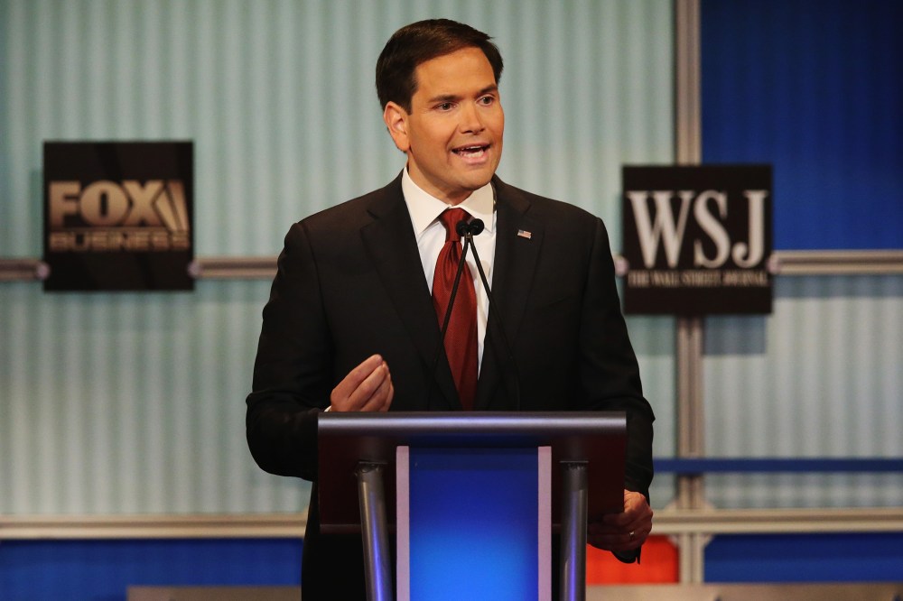 Presidential candidate Republican Sen. Marco Rubio (R-FL) speaks during the Republican Presidential Debate sponsored by Fox Business and the Wall Street Journal at the Milwaukee Theatre Nov. 10, 2015 in Milwaukee, Wis. (Photo by Scott Olson/Getty)