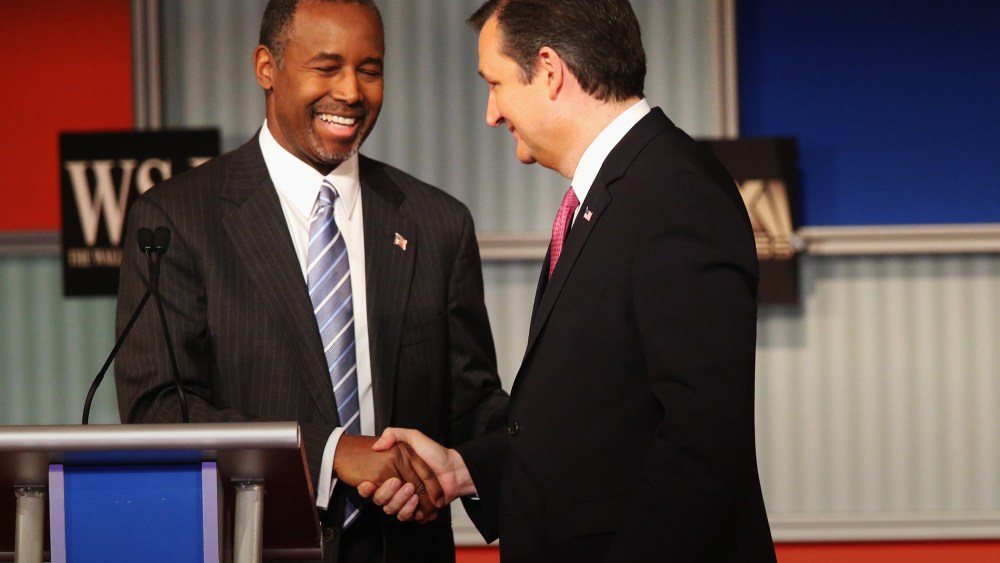 Presidential candidate Ben Carsonshakes hands with Sen. Ted Cruz, after a Republican Presidential Debate on Nov. 10, 2015 in Milwaukee, Wis. (Photo by Scott Olson/Getty)