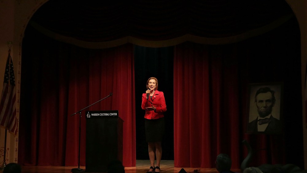Republican presidential candidate Carly Fiorina addresses the 2015 Lincoln Dinner of Adair County Republican Party Nov. 13, 2015 in Greenfield, Iowa. (Photo by Alex Wong/Getty)