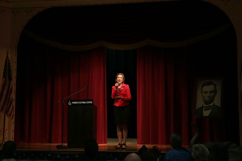 Republican presidential candidate Carly Fiorina addresses the 2015 Lincoln Dinner of Adair County Republican Party Nov. 13, 2015 in Greenfield, Iowa. (Photo by Alex Wong/Getty)