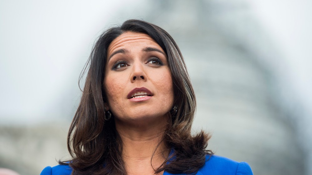 Rep. Tulsi Gabbard, D-Hawaii, speaks during a news conference on the Trans-Pacific Partnership outside of the U.S. Capitol, Nov. 18, 2015. (Photo By Bill Clark/CQ Roll Call/Getty)