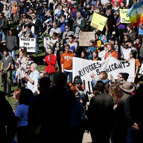 Members of The Syrian People Solidarity Group protest Texas governor Greg Abbott's refusal to allow Syrian refugees in the state on Nov. 22, 2015 in Austin. (Photo by Erich Schlegel/Getty)