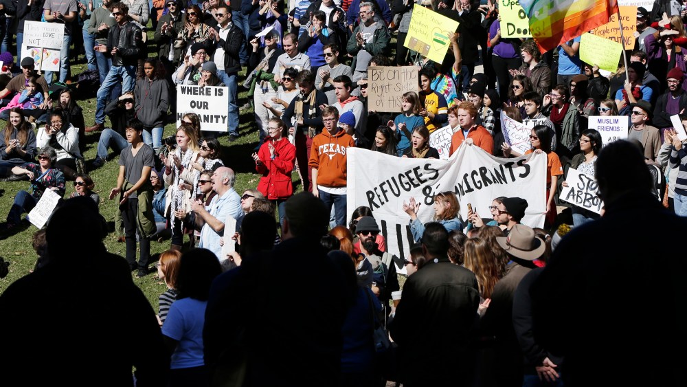 Members of The Syrian People Solidarity Group protest Texas governor Greg Abbott's refusal to allow Syrian refugees in the state on Nov. 22, 2015 in Austin. (Photo by Erich Schlegel/Getty)