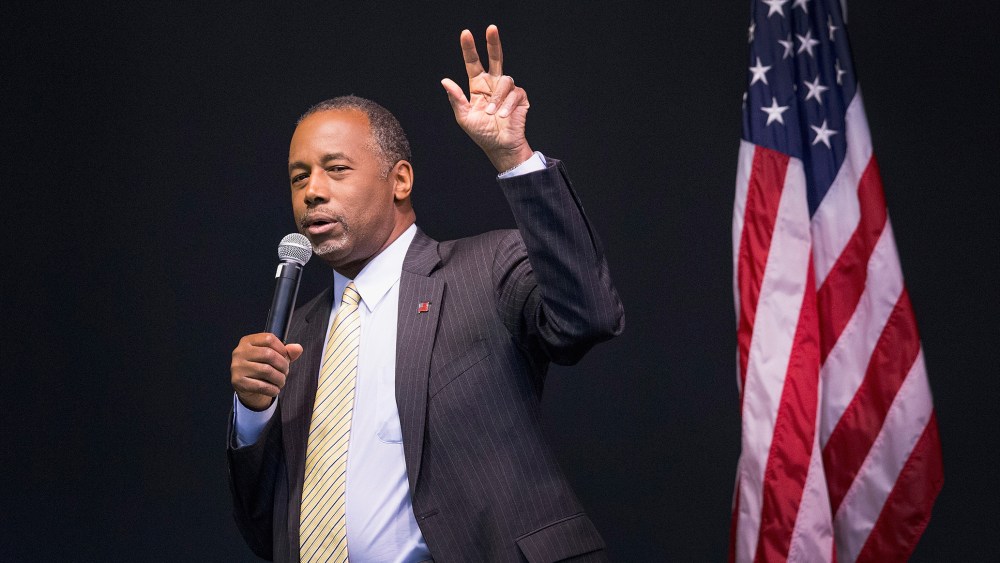 Republican presidential candidate Ben Carson speaks to guests at a barbeque hosted by Jeff Kauffman, chairman of the Republican party of Iowa, on Nov. 22, 2015 in Wilton, Ia. (Photo by Scott Olson/Getty)
