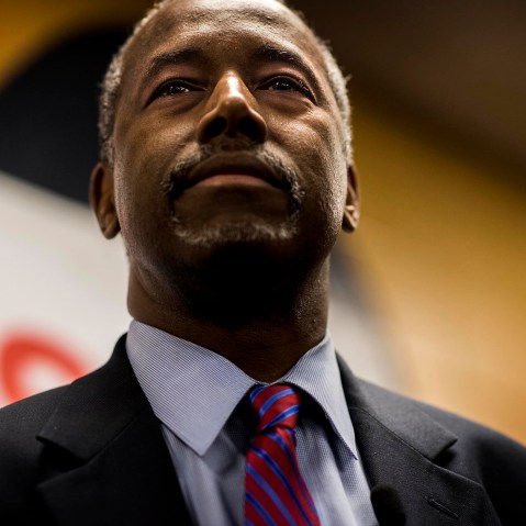 Republican Presidential candidate Dr. Ben Carson answers questions from a gathering of media after the 2020 Presidential Forum Justice Forum 2015 in Columbia, South Carolina on Nov. 21, 2015. (Photo by Melina Mara/The Washington Post/Getty)