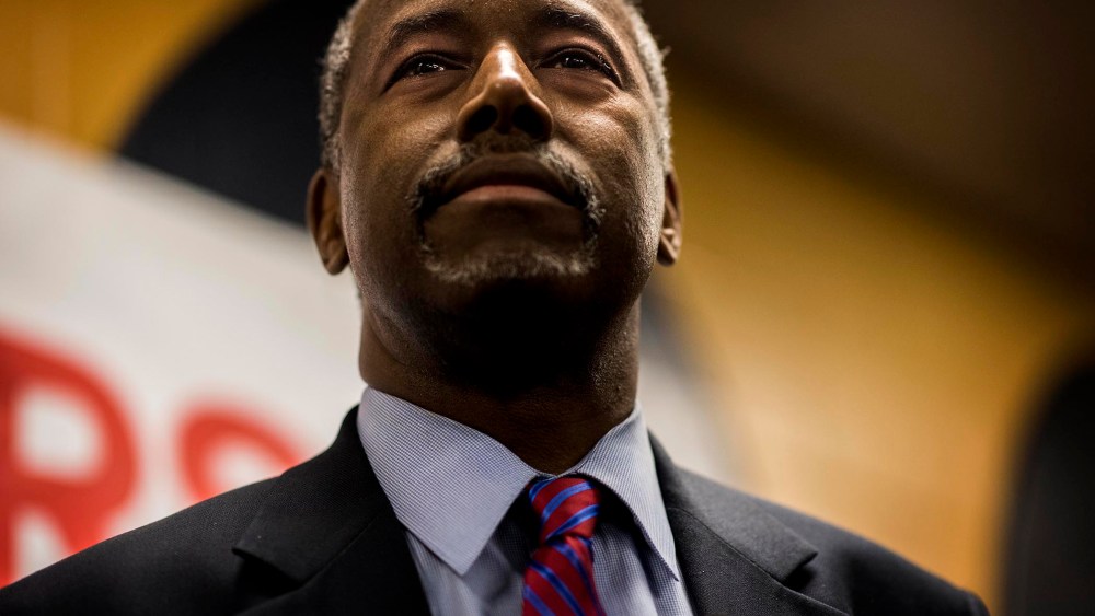 Republican Presidential candidate Dr. Ben Carson answers questions from a gathering of media after the 2020 Presidential Forum Justice Forum 2015 in Columbia, South Carolina on Nov. 21, 2015. (Photo by Melina Mara/The Washington Post/Getty)