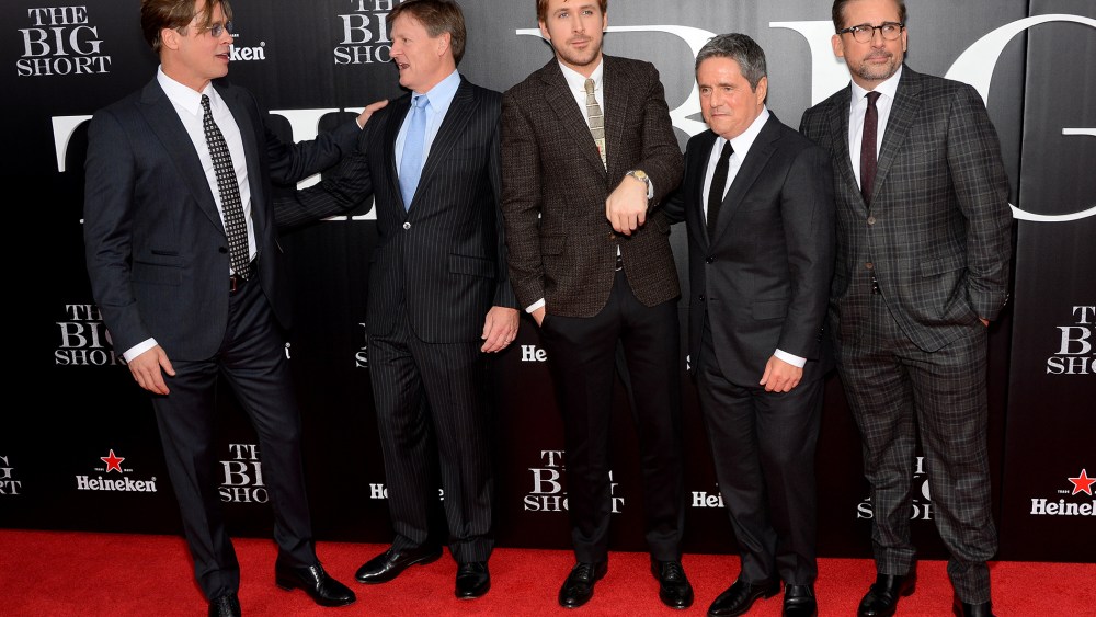 Brad Pitt, Michael Lewis, Ryan Gosling, Brad Grey and Steve Carell attend "The Big Short" New York premiere at Ziegfeld Theater, Nov. 23, 2015. (Photo by Andrew Toth/FilmMagic/Getty)