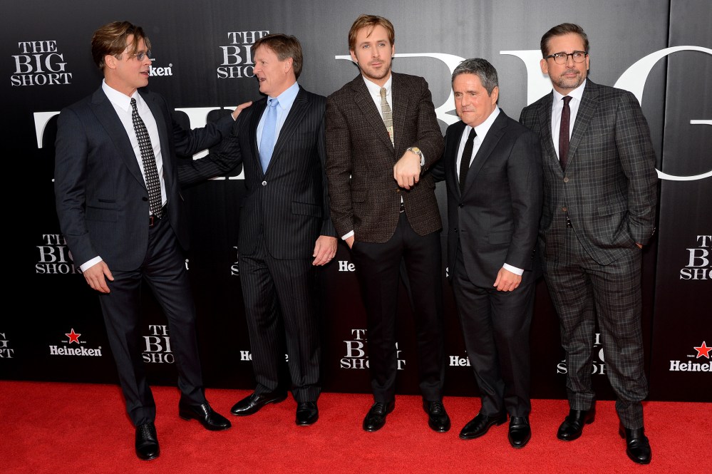 Brad Pitt, Michael Lewis, Ryan Gosling, Brad Grey and Steve Carell attend "The Big Short" New York premiere at Ziegfeld Theater, Nov. 23, 2015. (Photo by Andrew Toth/FilmMagic/Getty)