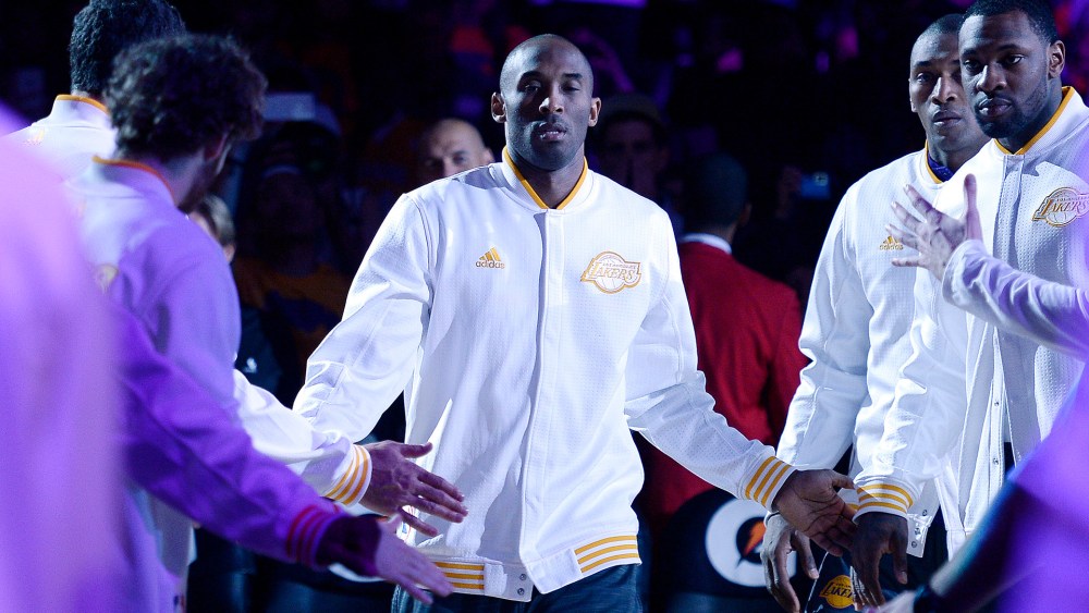 Kobe Bryant, of the Los Angeles Lakers, is introduced at start of the basketball game against the Portland Trail Blazers at Staples Center, Nov. 22, 2015 in Los Angeles, Calif. (Photo by Kevork Djansezian/Getty)