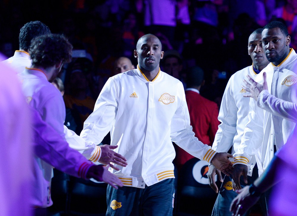 Kobe Bryant, of the Los Angeles Lakers, is introduced at start of the basketball game against the Portland Trail Blazers at Staples Center, Nov. 22, 2015 in Los Angeles, Calif. (Photo by Kevork Djansezian/Getty)